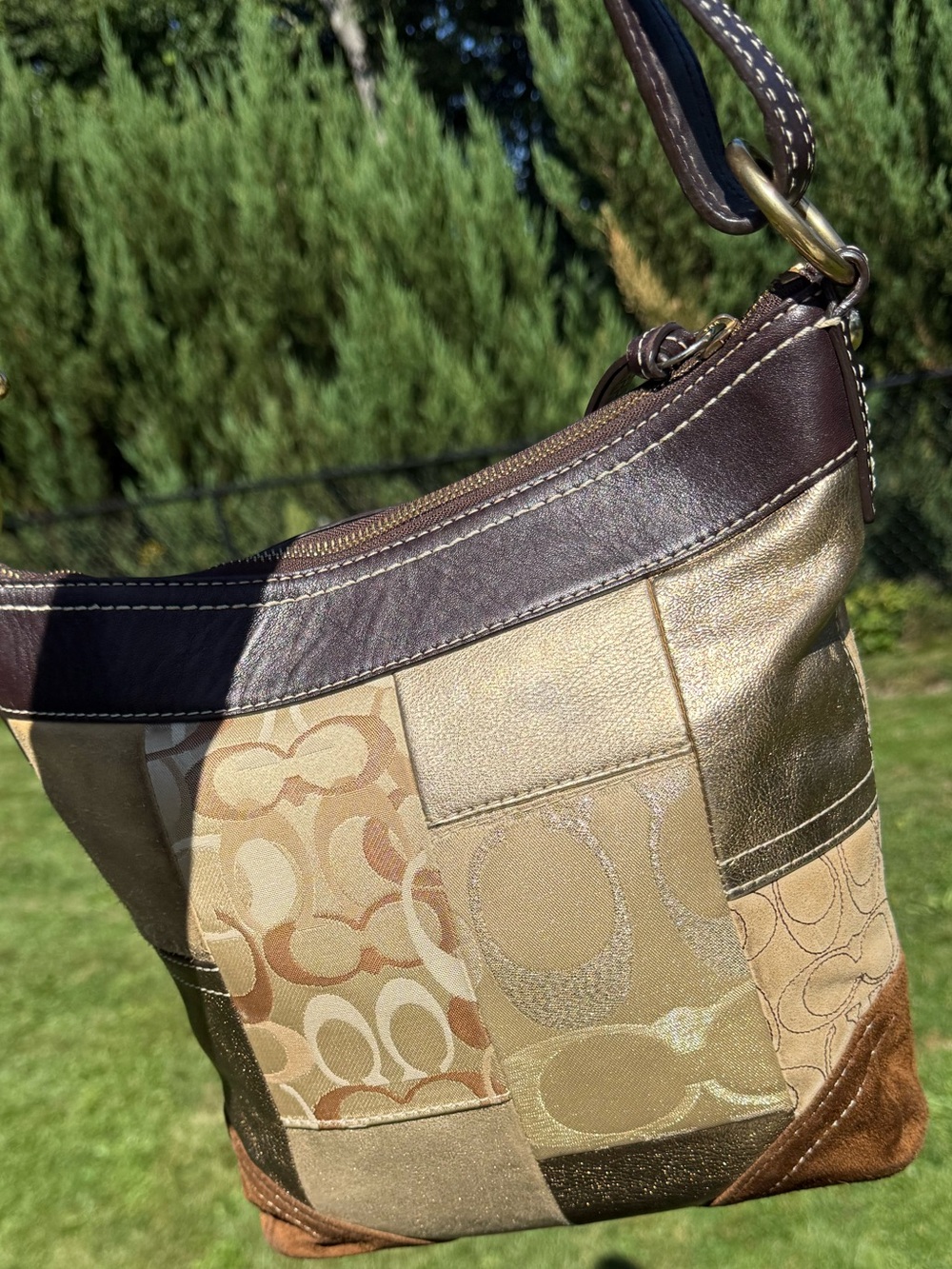 Vintage Y2K Coach Signature Patchwork Gold Brown Hobo Crossbody Bag - Picture 13 of 15
